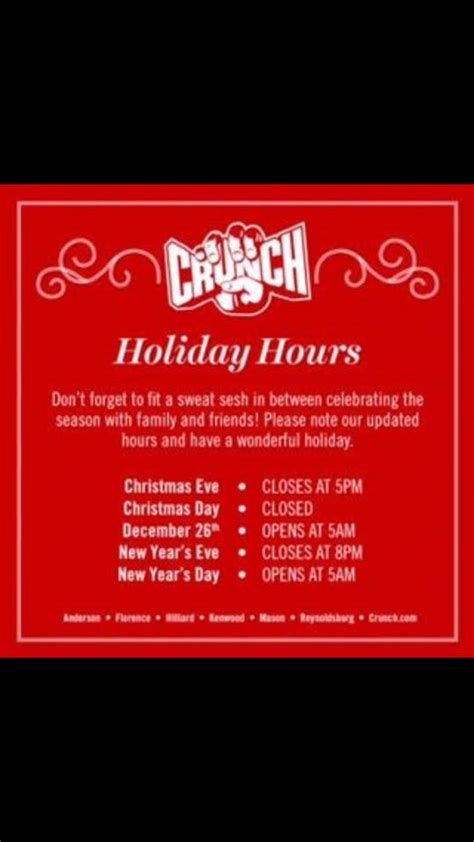Crunch holiday hours - I'm considering joining the Crunch Gym local to me. I just moved and don't have a lot of choices for local gyms, it's 24 hours, Crunch, or YMCA (which is $60+/month). The Crunch gym seems to be ok, if not a little crowded with machines. It's not the cheapest though ($49.99 monthly), and I was wondering if anyone has any experience with them?